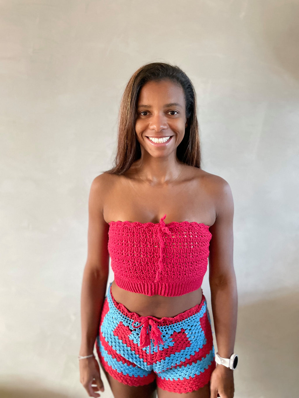 Conjunto de praia vermelho e azul 