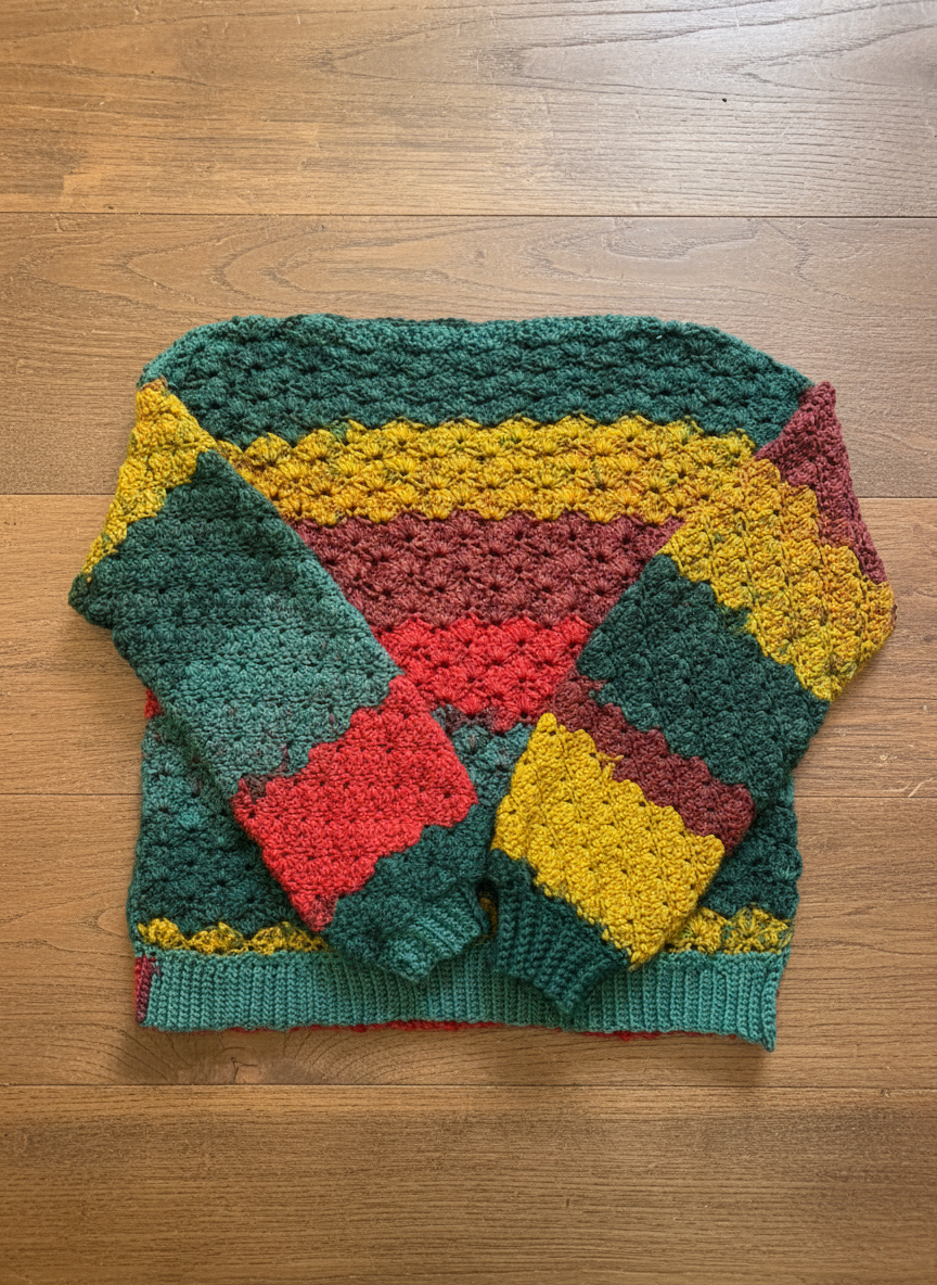 Sueter com cores verde, vermelho e amarelo